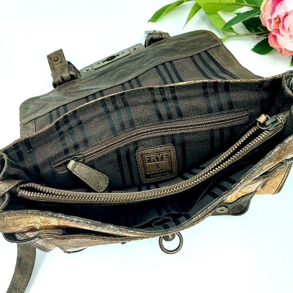 FRYE Cameron Metallic Gold, Copper & Brown Leather Small Satchel Crossbody Bag - Picture 13 of 15
